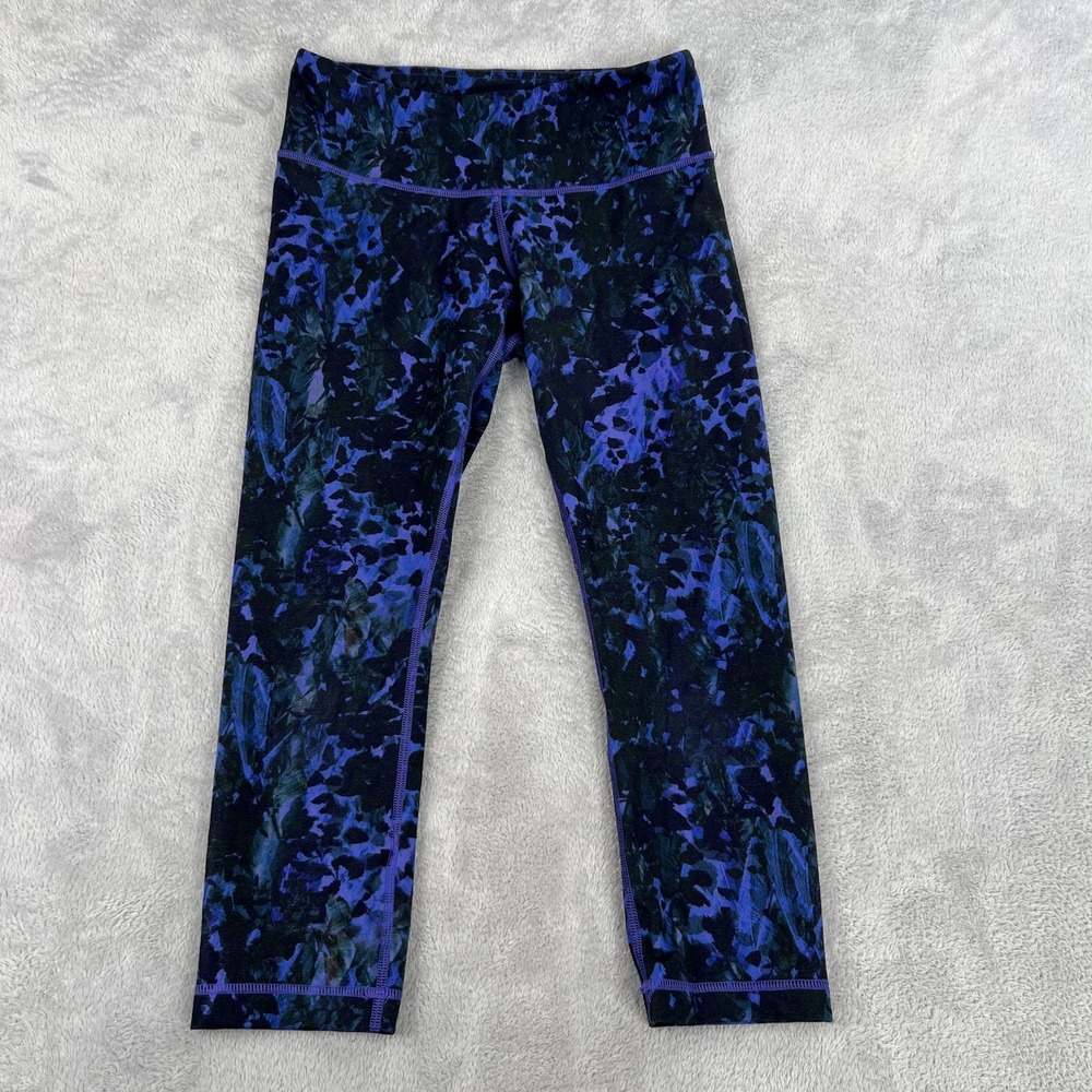 Lululemon Wunder Under Crop Leggings 6 Blue Purple Floral Women Yoga High Rise